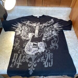 Tultex faded black‎ tshirt guitar wings Y2k Building B4 29